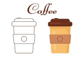 Plastic cup with hot coffee - children's coloring book. Educational guide for children. Vector illustration