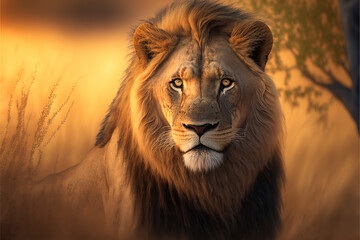 Lion portrait on savanna looking at camera, AI