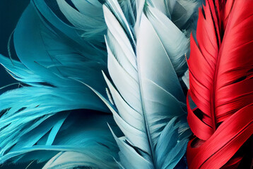 abstract beautiful soft feathers and fur background,carnival fantasy red blue green white and gold pastel colors background,generative ai.