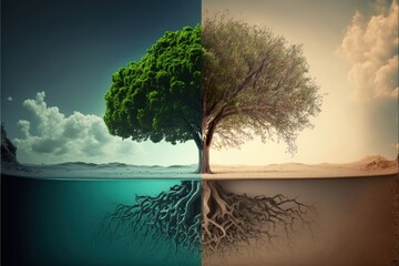 Fototapeta na wymiar Illustrative vector graphics of a tree in two environments. generative ai