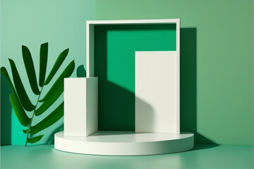 Green podium shelf or empty studio display on vivid summer, Generated ai
