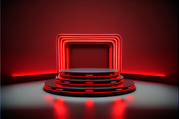 Red neon futuristic lighting stage and platform, Generated ai