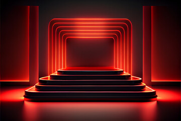 Red neon futuristic lighting stage and platform, Generated ai