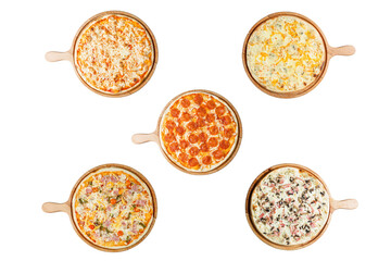 Assorted pizzas served on wooden boards. Collage, set. Traditional Italian food and popular snack. Top view. Isolated on white background.