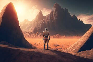Fototapeta na wymiar astronaut standing in the Rocky Mountains of Mars. colonization and space exploration. generative AI