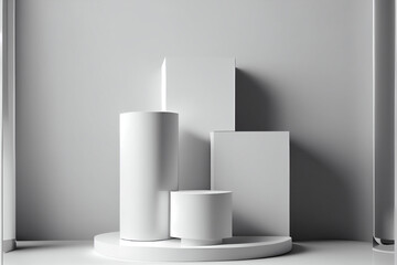 Modern white cube and cylinder step pedestal podium, Generated ai
