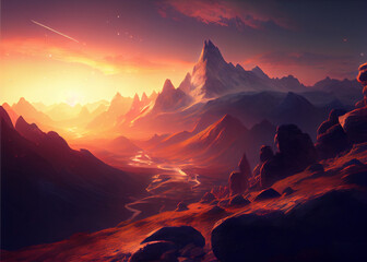 Sunset in the red mountain , AI Generated
