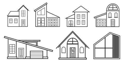House  vector set , line mid-century low-rise buildings of the village, outline architecture