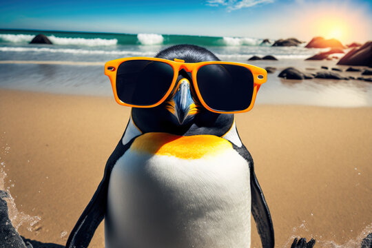 Climate change concept with peguin wearing sunglasses standing on sunny beach on a hot day, Generative AI illustration