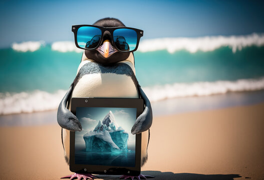 Penguin wearing sunglasses on sandy beach showing us his melting home, Generative AI illustration