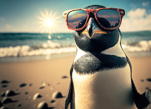 Climate change concept with peguin wearing sunglasses standing on sunny beach on a hot day, Generative AI illustration
