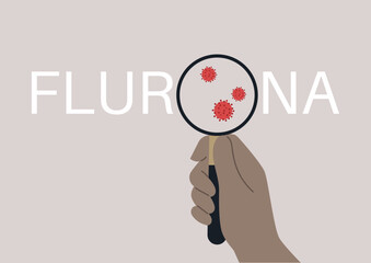 A flurona sign illustrated with a hand holding a magnifying glass