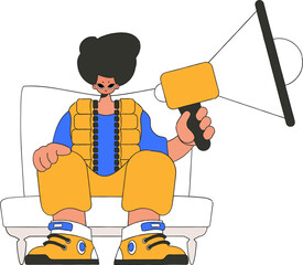 Stylish man sits in a chair and holds a megaphone. Good for job search topics.