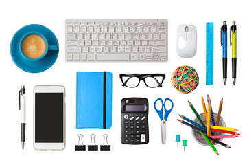 Office desk objects isolated on transparent background.  Top view, flat lay