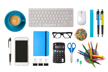 Office desk objects isolated on transparent background.  Top view, flat lay