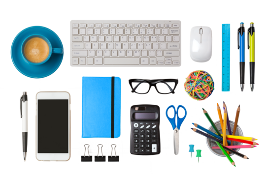 Office desk objects isolated on transparent background.  Top view, flat lay