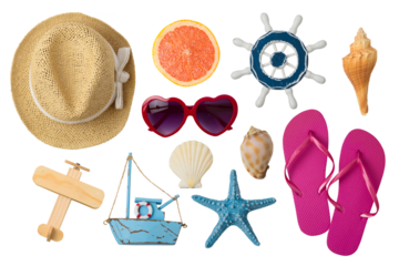 Summer vacation concept with beach and travel accessories isolated on transparent background. Top view , flat lay