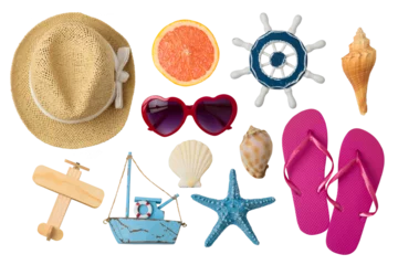 Fototapeten Summer vacation concept with beach and travel accessories isolated on transparent background. Top view , flat lay © maglara