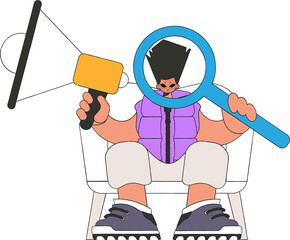 A stylish guy sits in a chair and holds a megaphone in his hand. Suitable for use in communications or protest thematic projects.