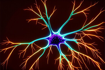 Close up of a neuron and synapses lighting up with neon colors, Generative AI