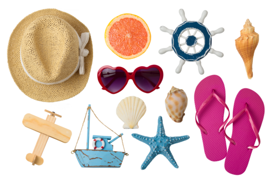Summer vacation concept with beach and travel accessories isolated on transparent background. Top view , flat lay