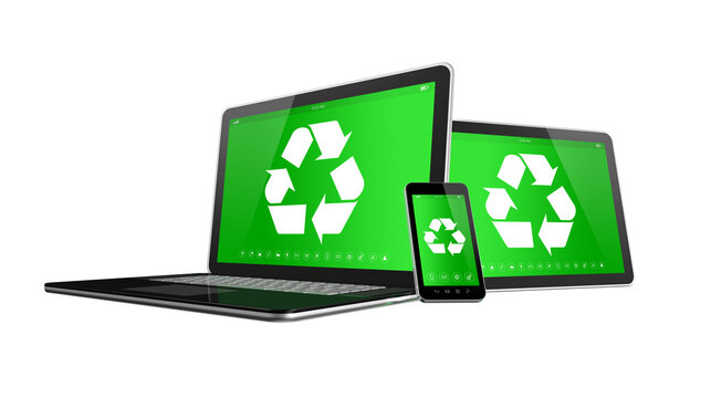 Laptop tablet PC and smartphone with a recycling symbol on screen. environmental conservation concept