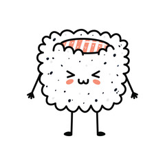 Kawaii sushi mascot in cartoon style. Cute uramaki with salmon for menu.