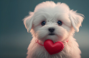 Cute Maltese Puppy Wearing A Heart On Collar - Generative AI. - obrazy, fototapety, plakaty