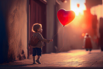 Silhouette of a Young Boy Walking with a Heart Balloon on a String - Generative AI.