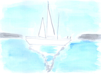 Yacht, ocean, summer, recreation, nature, vacation, sport, transport, sea. Watercolor, art decoration, sketch. Illustration hand drawn modern