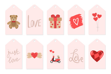 Happy Valentines set gift tags, labels with cute sweet elements and stickers. Vector illustration.