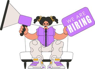 A young girl sits in a chair and holds a megaphone in her hand. Good for job search topics.