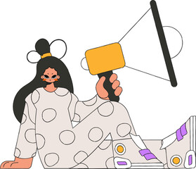 Stylish girl sits on the floor and holds a megaphone.