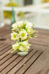 Wedding flowers, bridal bouquet closeup, wedding floral decoration in sunny day with blur background