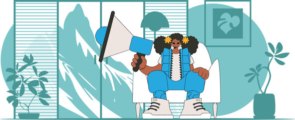 Vector illustration of a human resources specialist. Stylish girl sits in a chair and holds a megaphone.