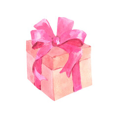 Watercolor painting of gift with a pink bow, isolated on white background. Perfect for card, invitation, baby shower, tags, printing.