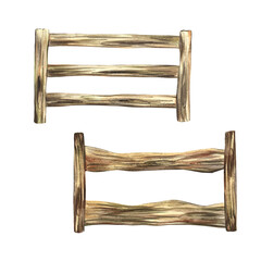 Wooden fence for horses. Watercolor painted by hand. For printing, stickers and labels. For postcards, business cards