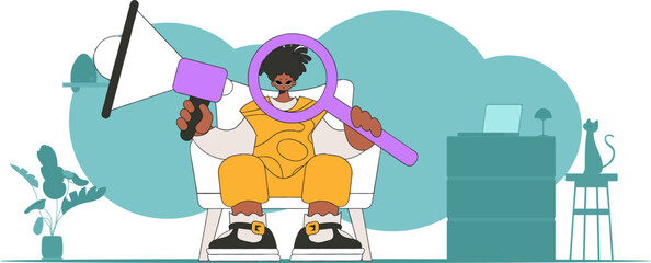 Stylized vector illustration of a HR representative. A young man sits in a chair and holds a megaphone in his hand.