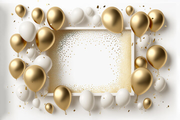 Obraz na płótnie Canvas Gold shiny confetti and gold balloons on white background, middle has open space for your message copy, Celebration and party invitation concept