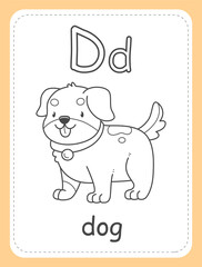 Alphabet coloring book card for children with the letter D and a dog. Educational card for kids. The word dog, the English alphabet.