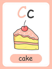 Alphabet card for children with the letter C and a piece of cake. Educational card for kids. The word cake, English alphabet