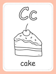 Alphabet coloring book card for children with the letter C and piece of cake. Educational card for kids. The word cake, the English alphabet