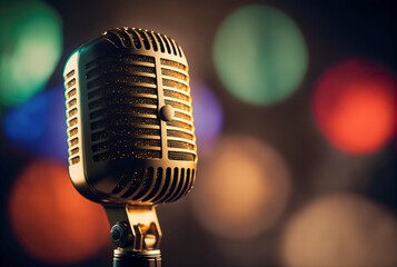 illustration of a golden retro microphone with bokeh lights. generative AI