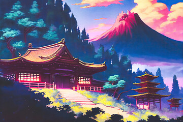 Obraz premium A Japanese Zen Temple in The Mountains. Generative AI Illustration In The Style Of Japanese Anime Paintings.