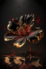 Beautiful golden and dark red blossom on black background. Generative AI
