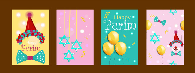 Purim carnival greeting card set with cute clown hat for social media, post template. Childish print for poster and party invitation. Jewish star.