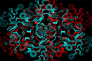 Unique vector background design with cool pattern components in cool turquoise and red colors and on a black background