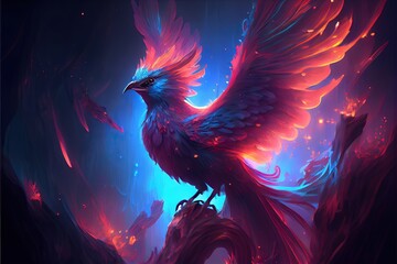 3d illustration of a bright phoenix on a blue background, fantastic image, vibrant colors. Generative AI