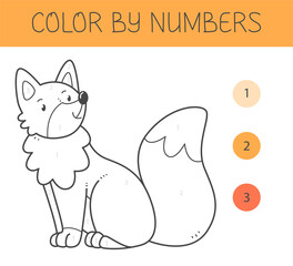 Color by numbers coloring book for kids with a fox. Coloring page with cute cartoon fox. Monochrome black and white.