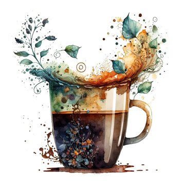 Coffee mug with nature motif. Ideal for postcards, invitations, stickers, menu design as well as logo. Watercolor hand painted illustration.